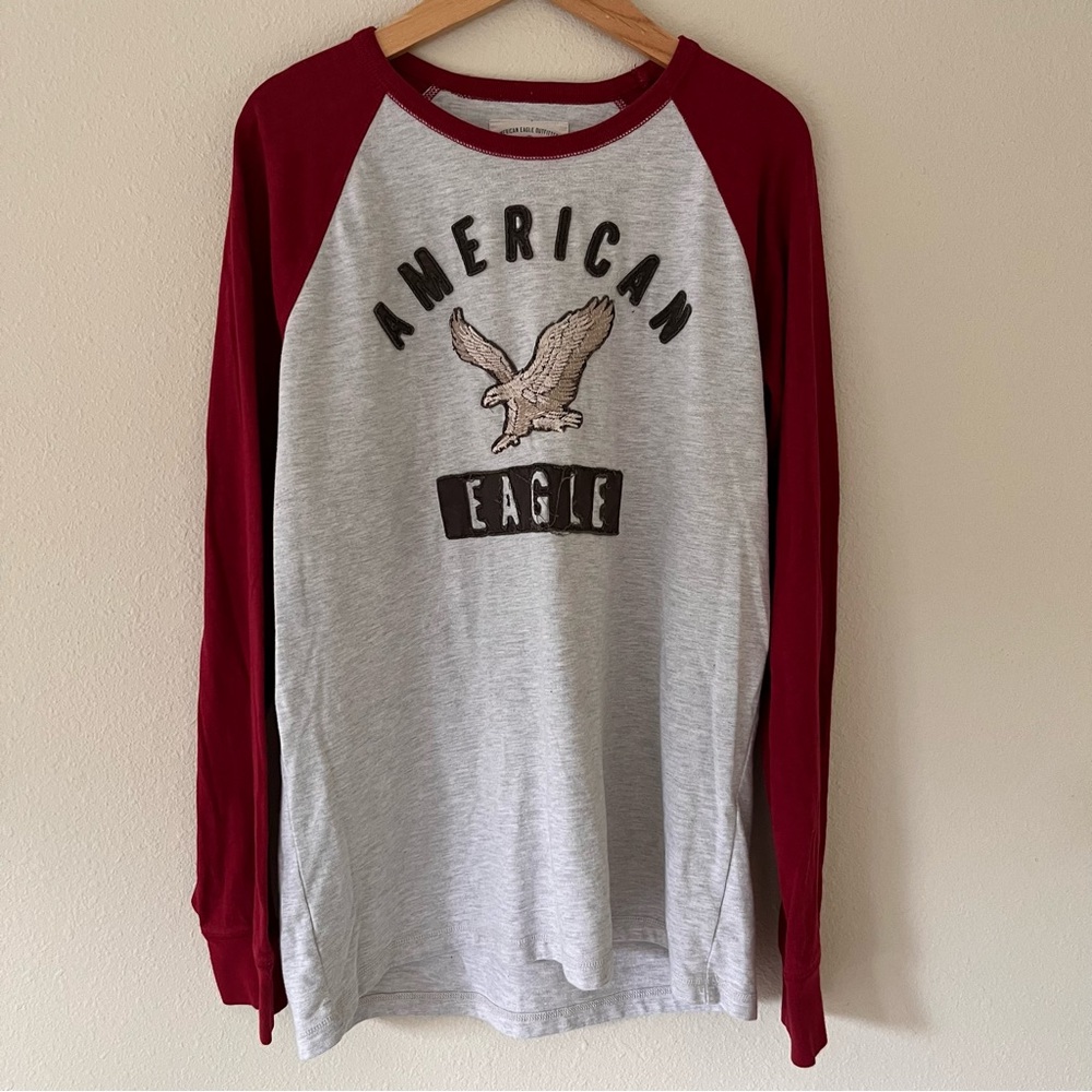 American Eagle Y2K Preppy Raglan Shirt XL Burgundy Embroidered Logo Spellout
